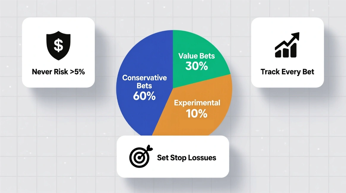 Bankroll management infographic for betting showing allocation percentages and key rules for risk management