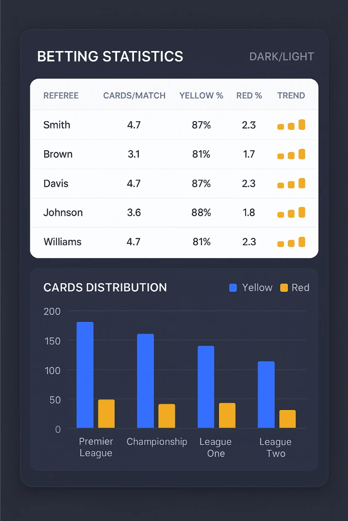 Professional betting statistics dashboard showing referee data, card averages, trends and analytics for football betting