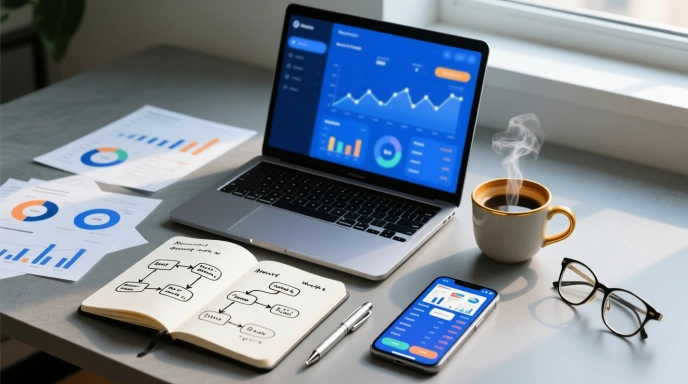 Professional betting workspace with laptop showing statistics, notebook with analysis notes, and betting app on smartphone