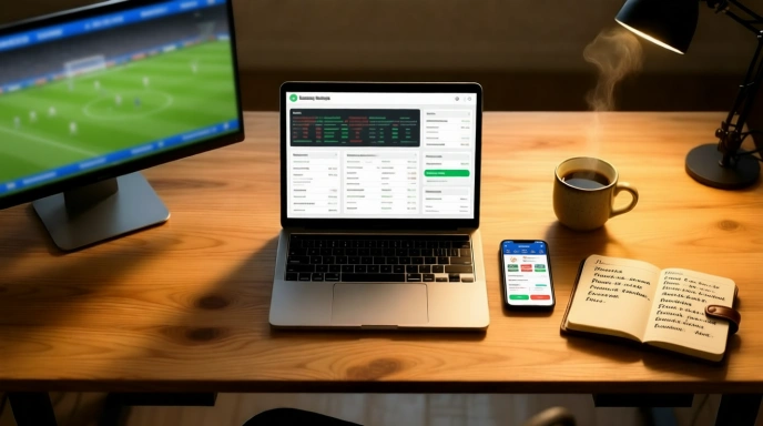 Professional betting workspace with laptop showing booking points tracking software, smartphone with betting apps and analysis tools