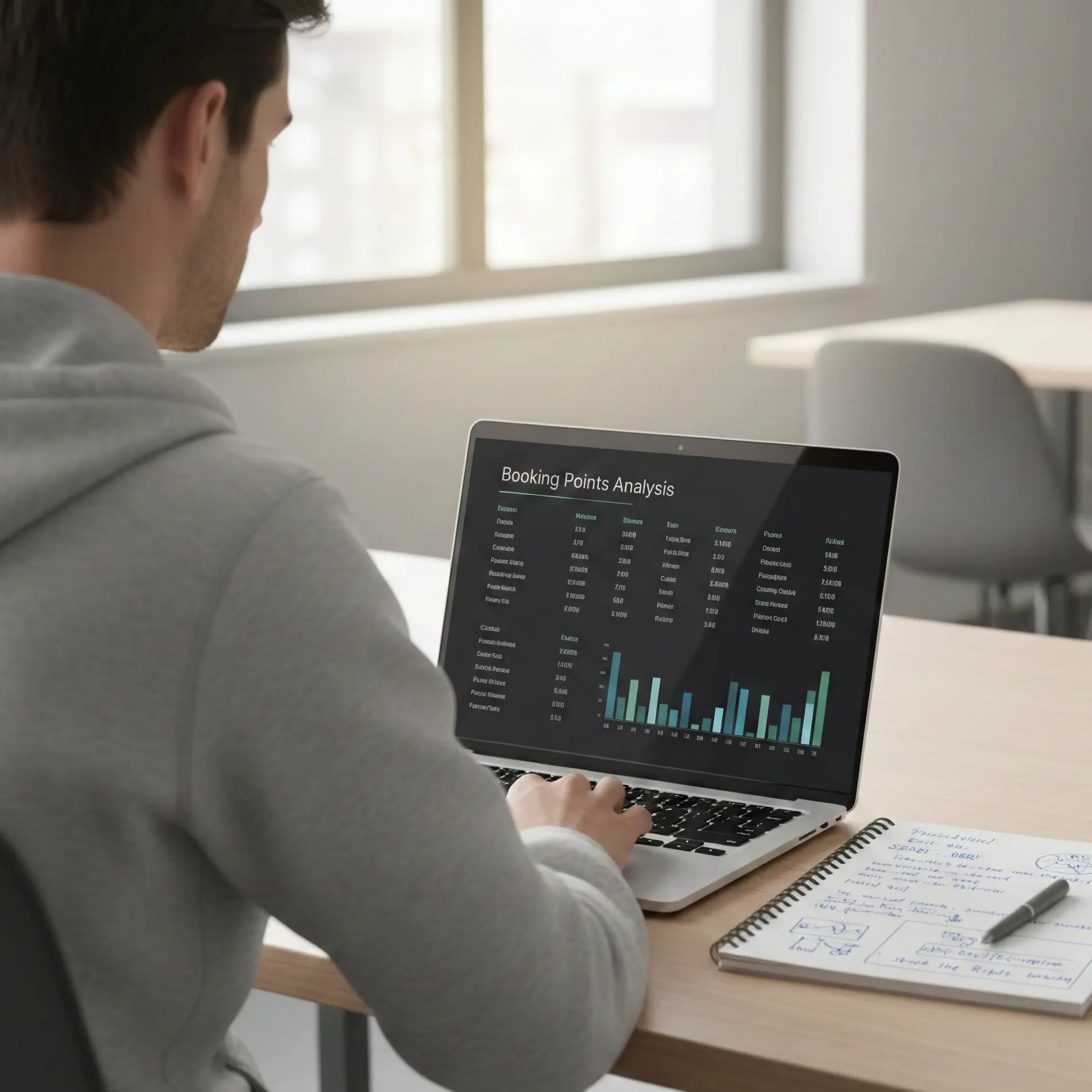 Sports analyst studying match statistics on laptop