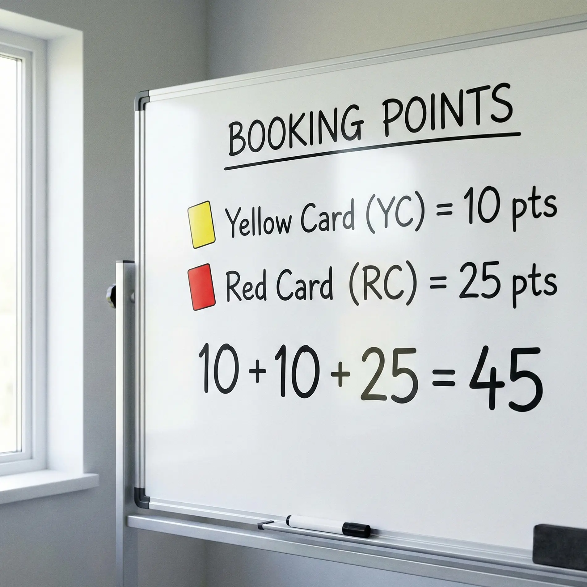 Whiteboard showing booking points calculation examples