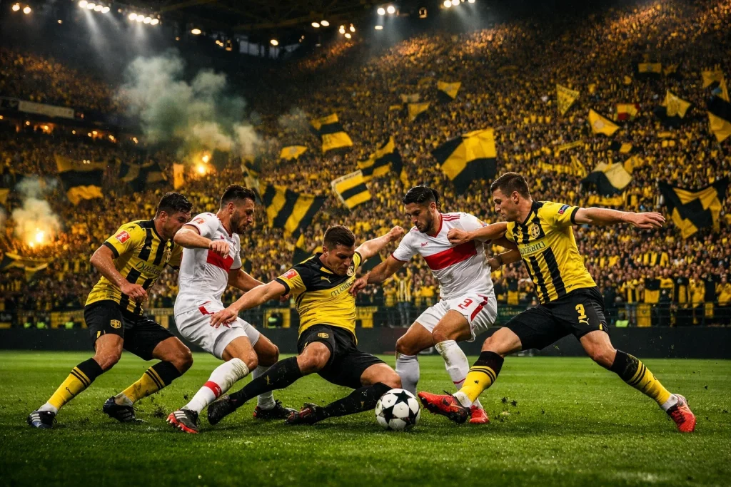 Bundesliga match with intense crowd atmosphere