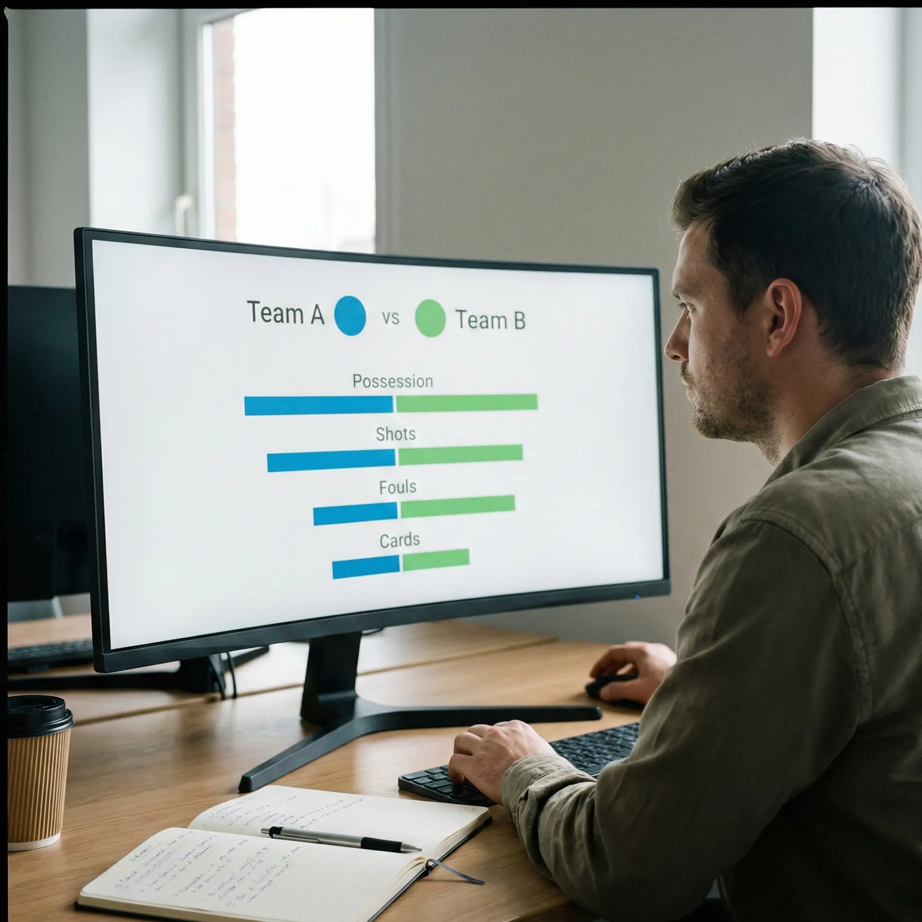 Sports bettor reviewing match statistics on computer screen