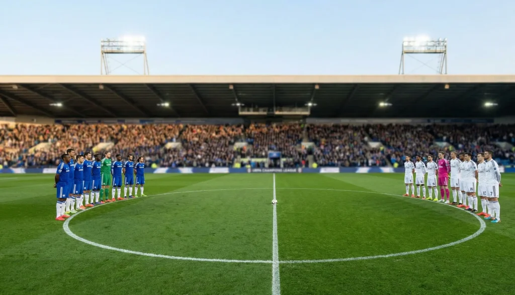 Two football teams lined up facing each other before kickoff