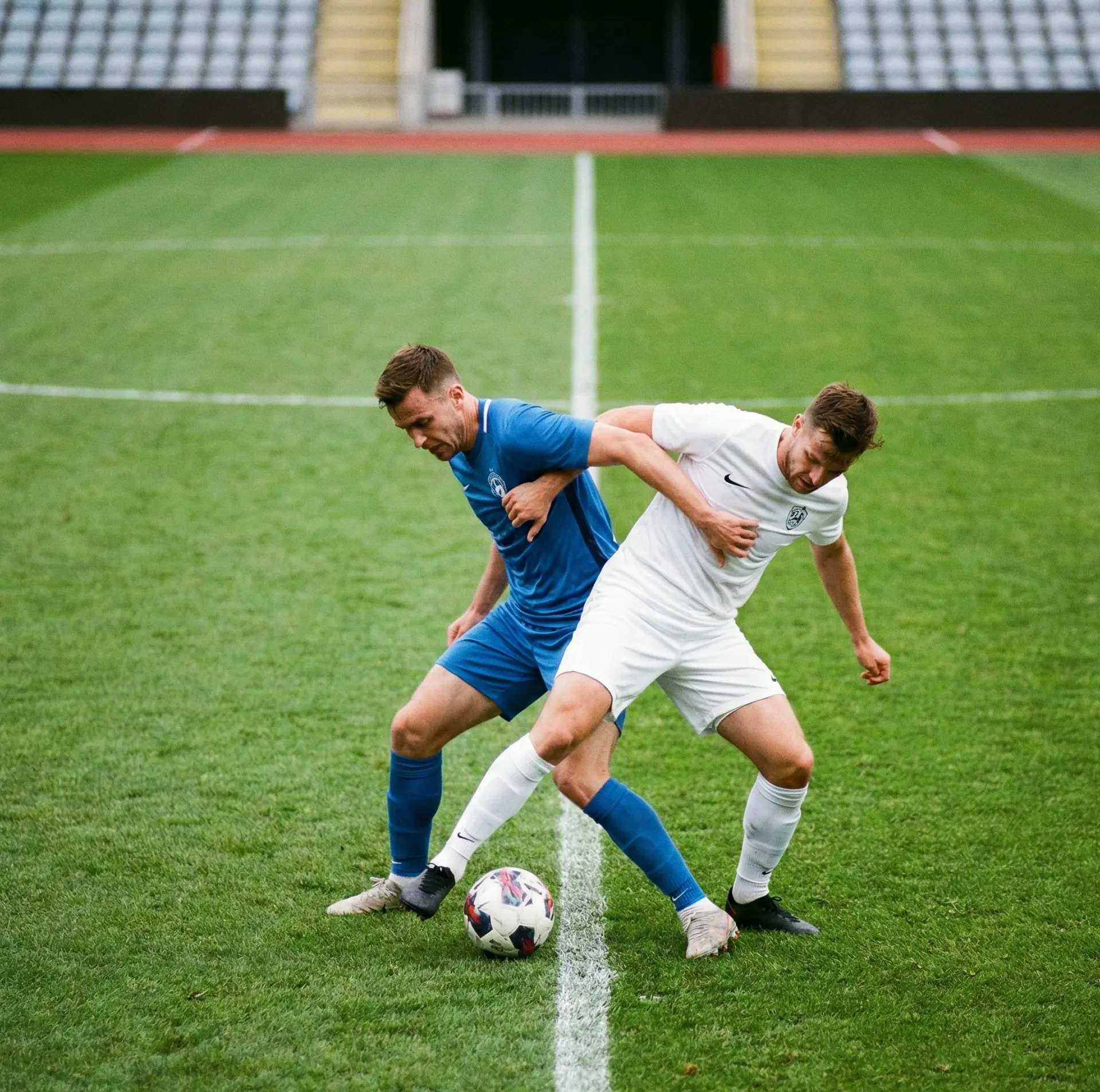 Midfielders battling for possession in centre of pitch