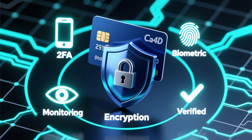 Cybersecurity shield protecting credit card with two-factor authentication and encryption symbols