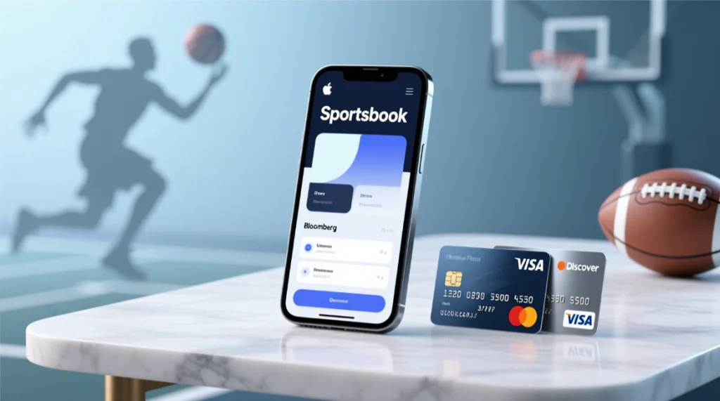Credit cards with sports betting app on smartphone showing Visa Mastercard and Discover logos