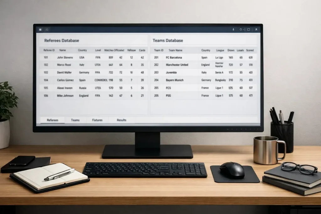 Organised sports statistics database on computer screen