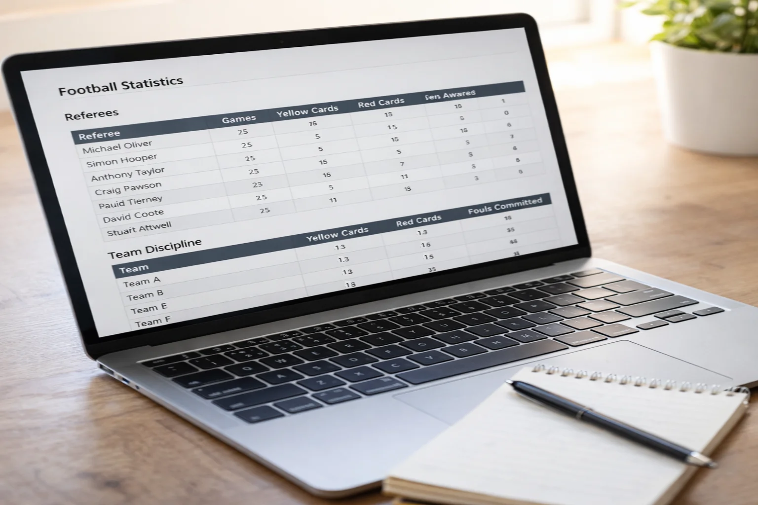Detailed spreadsheet showing football statistics and data