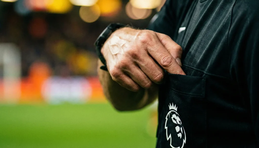 Referee reaching for card in pocket during football match