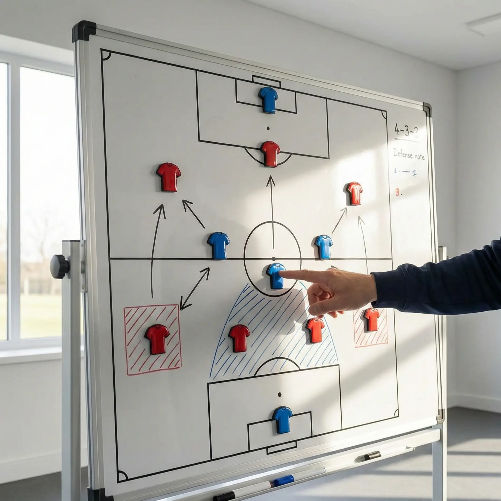 Football tactics board with team formations and positions marked