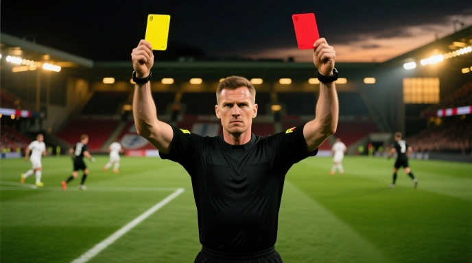Professional football referee holding yellow and red cards in dramatic stadium setting during match