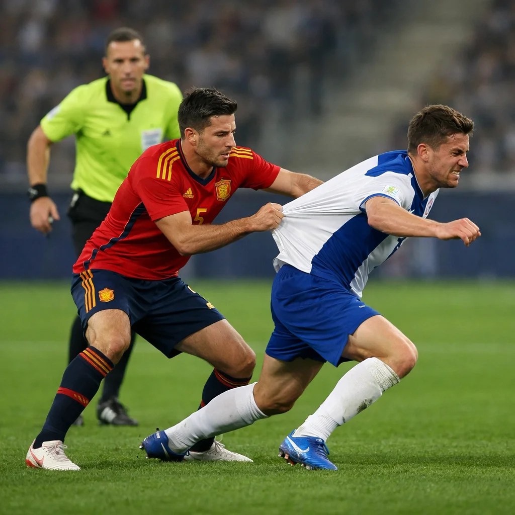 Spanish midfielder committing tactical foul in midfield