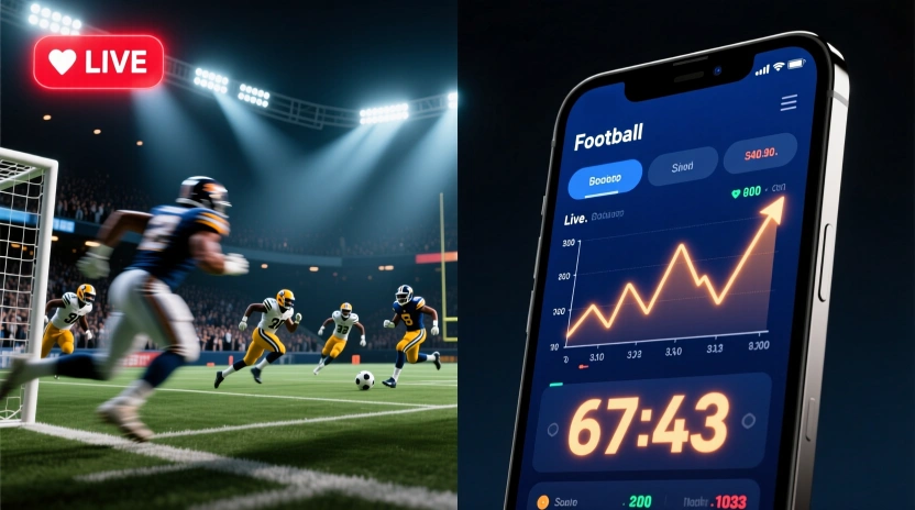 Live football betting showing match action with real-time odds and betting interface on mobile device