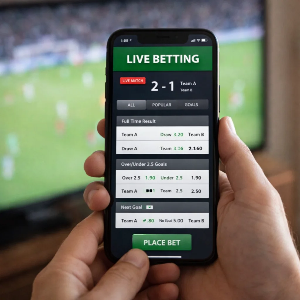 Mobile phone showing live betting interface during match
