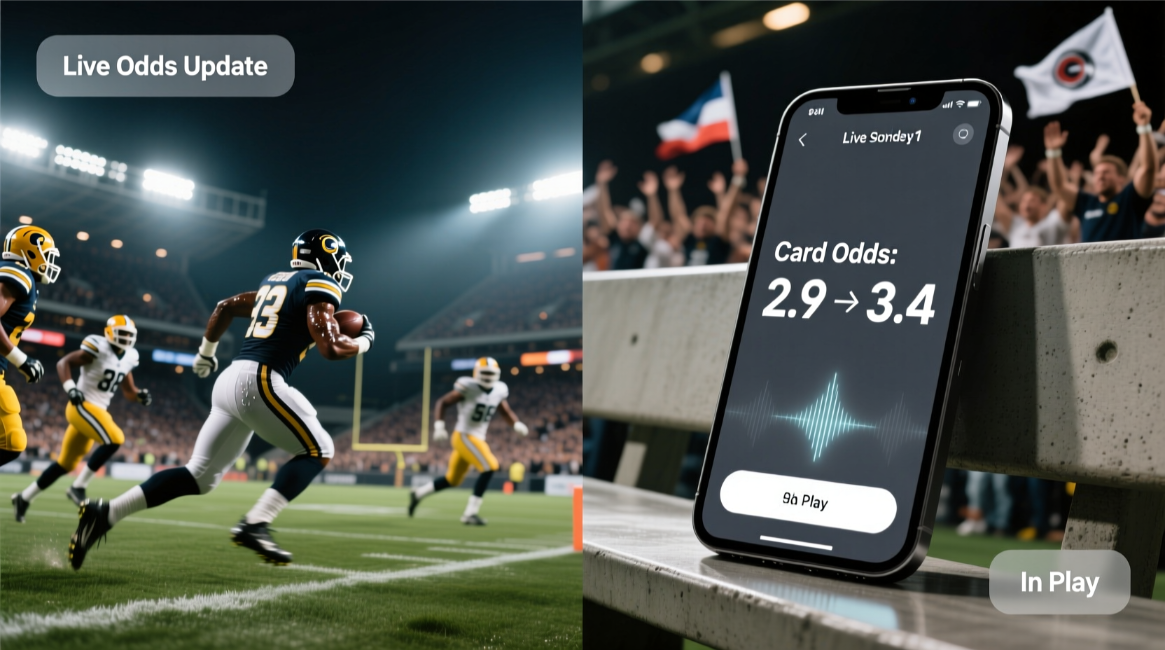 Split screen showing live football match action and smartphone with real-time betting odds