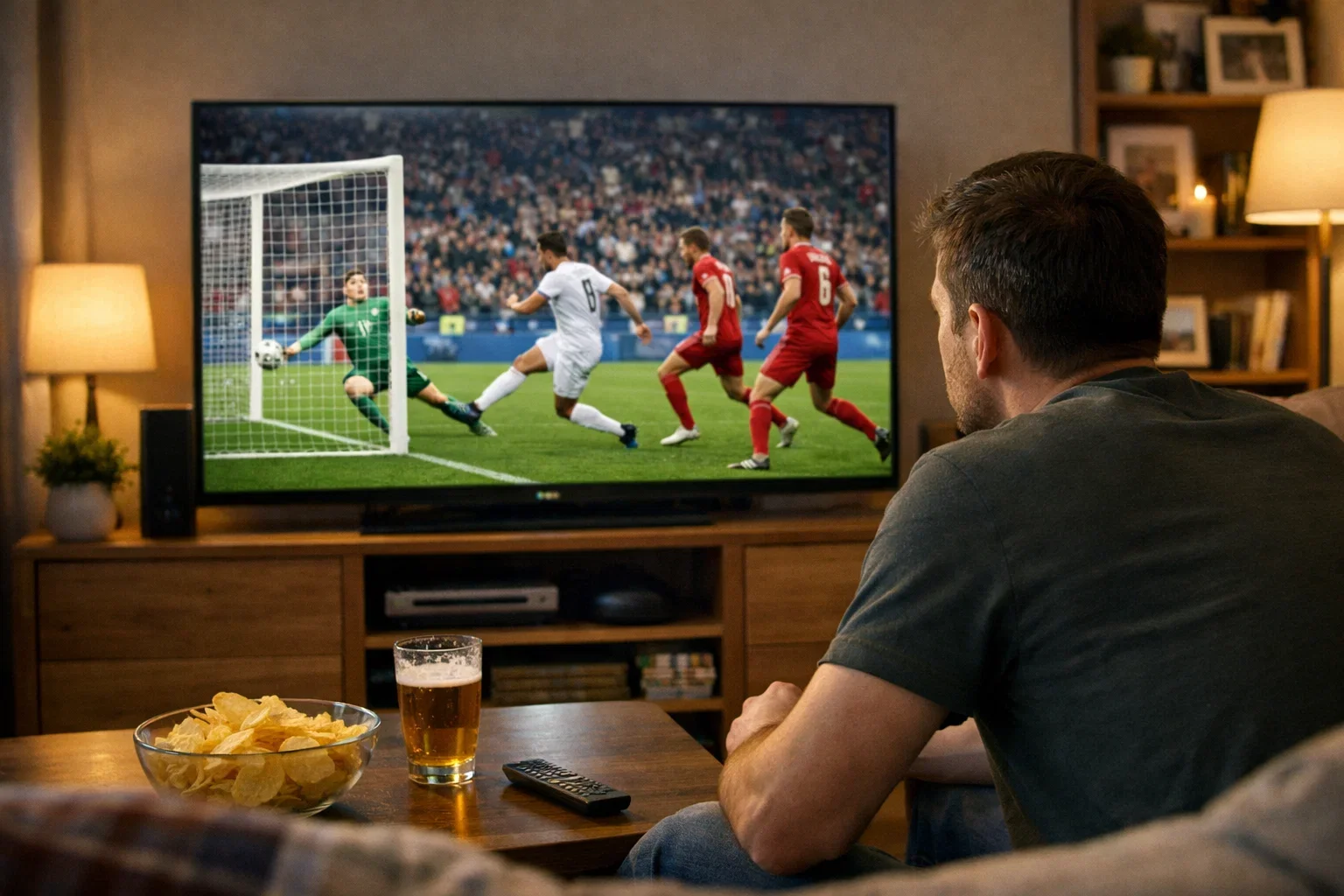 Person watching football match on screen with betting focus