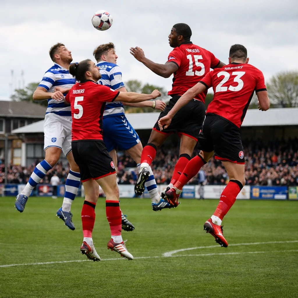 Players competing for aerial ball in lower league match