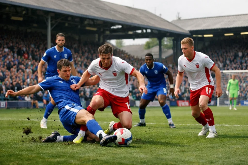 English Championship football match at packed stadium