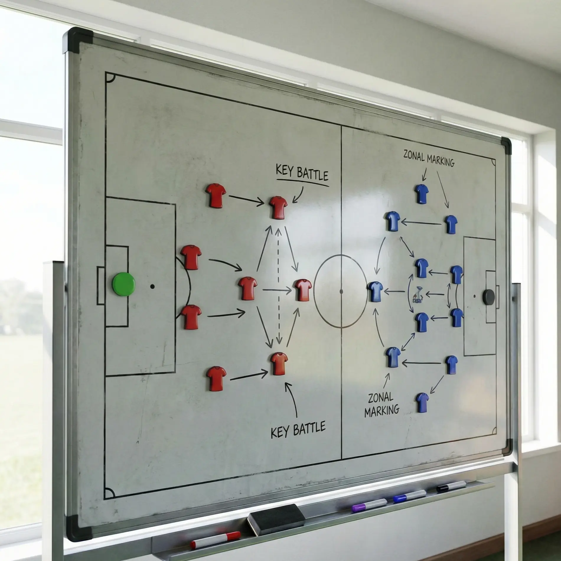 Football tactics board showing team formations and matchups