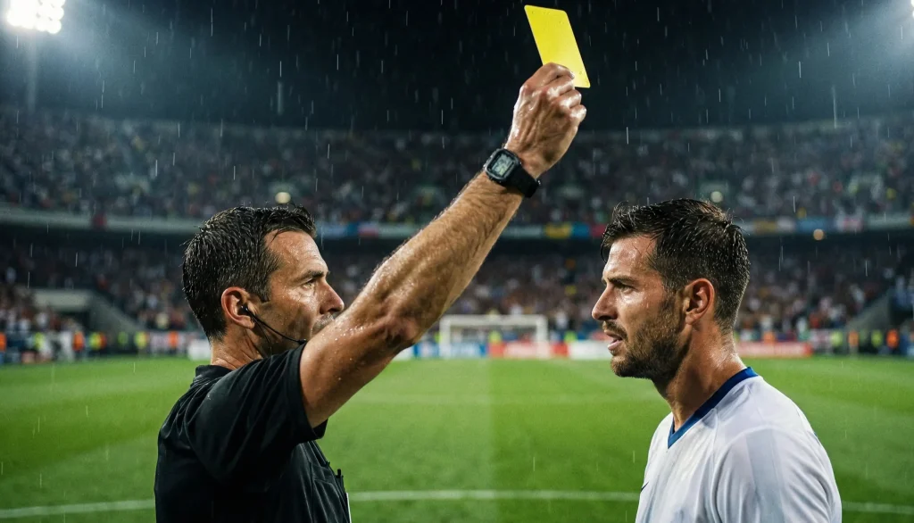 Football player receiving yellow card from referee on pitch