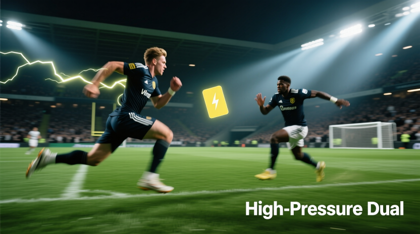 Dynamic football duel between fast winger and defender with yellow card floating between them