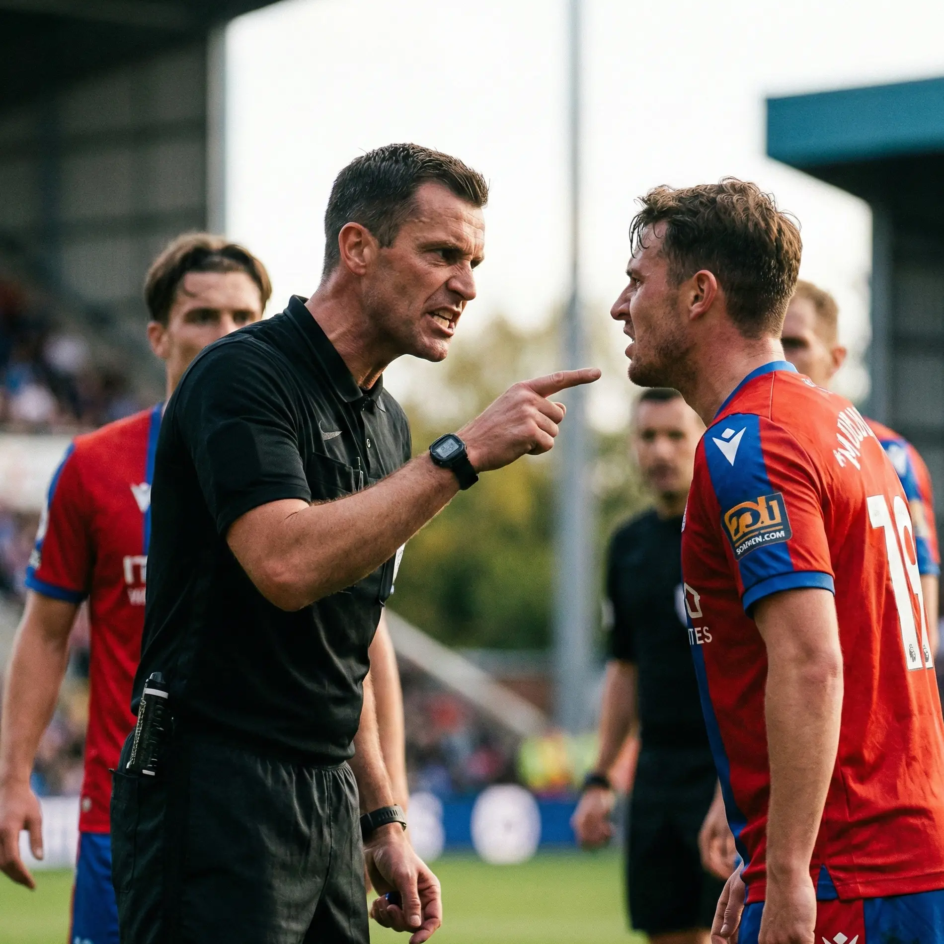 Football referee sternly speaking to player during confrontation