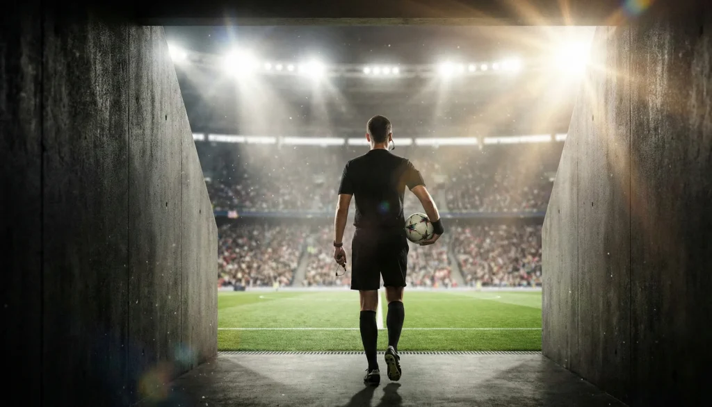 Football referee walking onto pitch before match kickoff