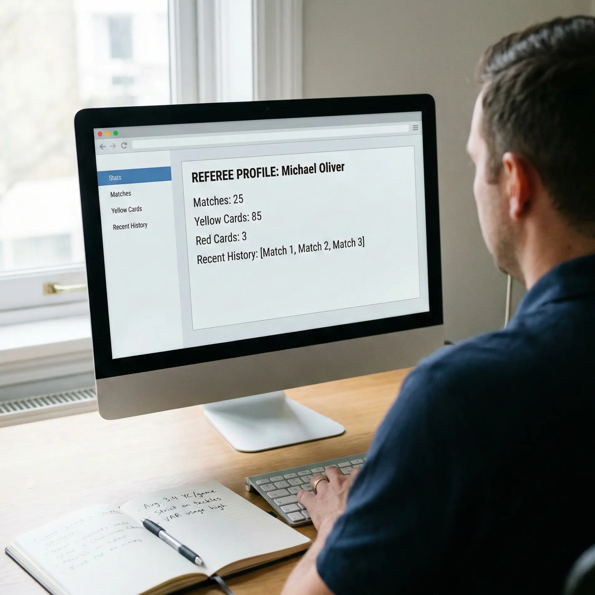 Sports analyst researching referee data on computer