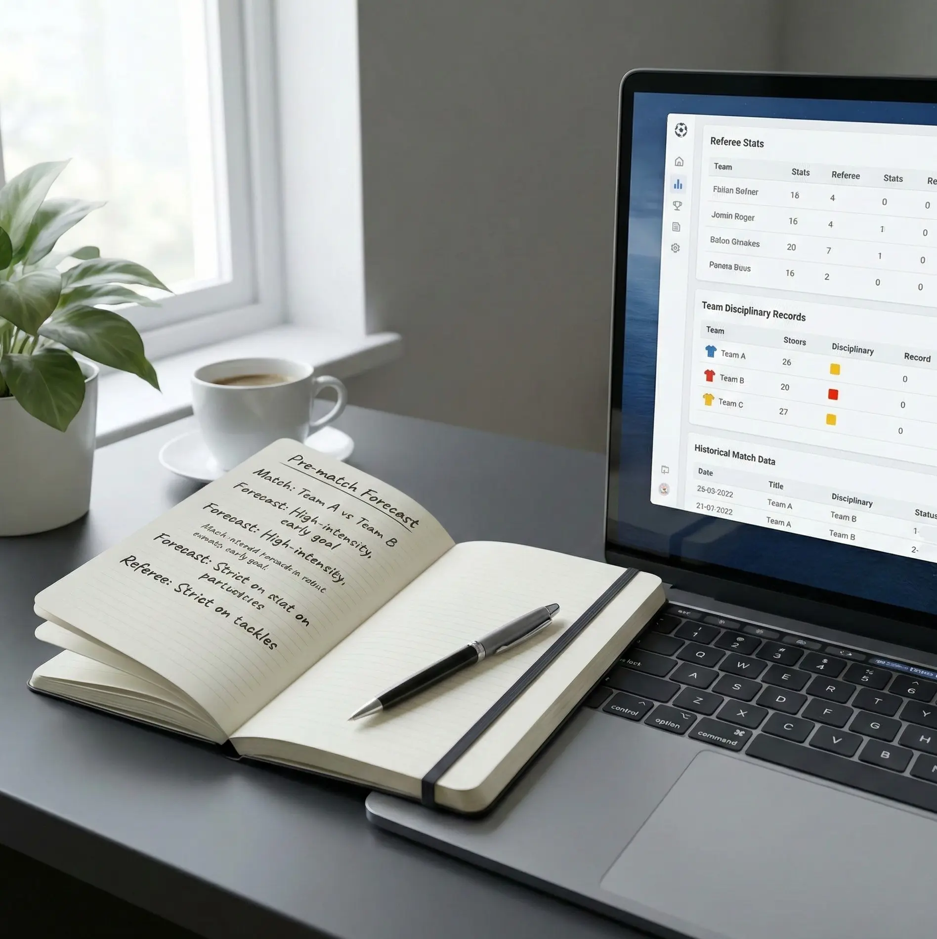 Organised desk with notes and laptop for match analysis