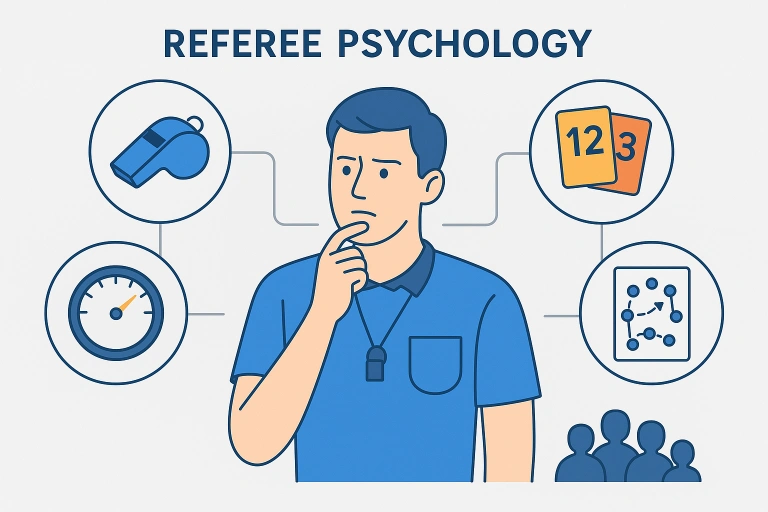 Infographic showing referee psychology factors including pressure, statistics, tactics and crowd influence in football