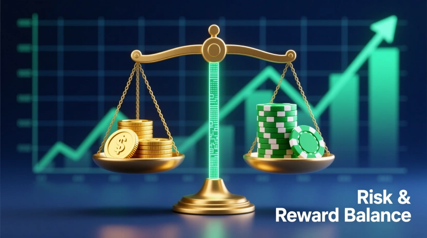 Conceptual image of balanced scale with coins and betting chips representing risk management and bankroll strategy