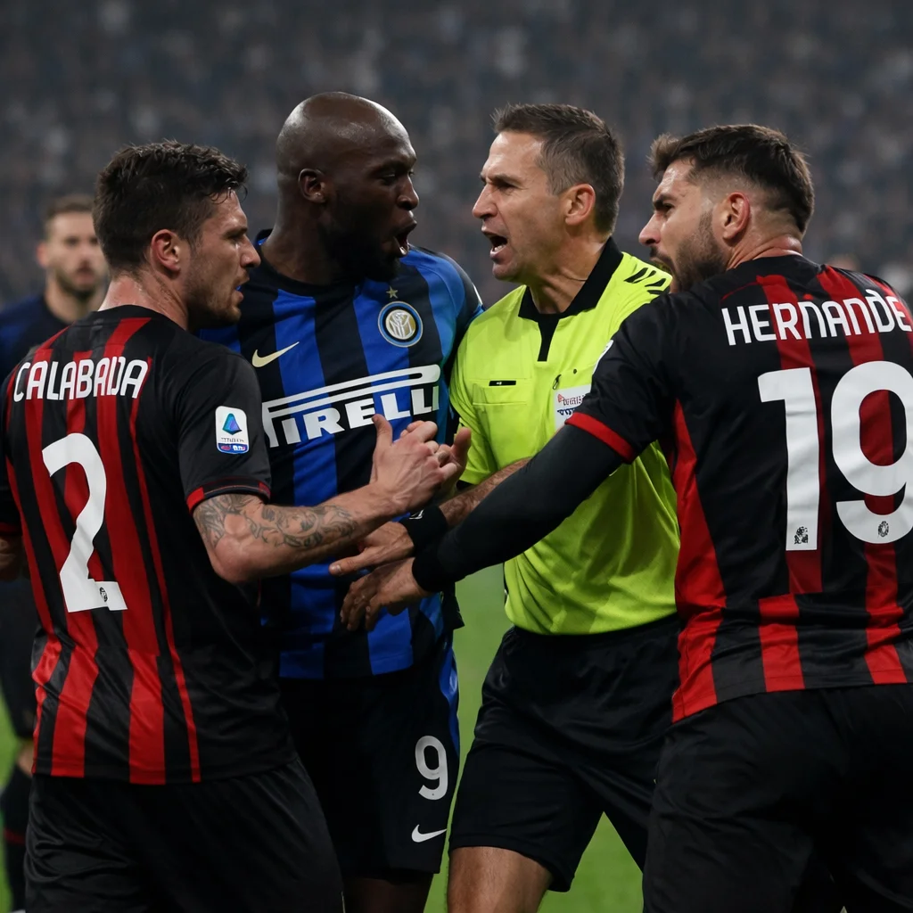 Intense moment during Italian derby match with players confronting