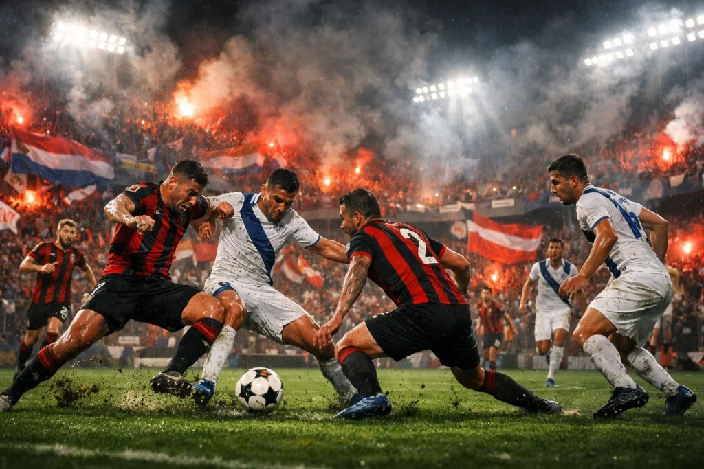 Passionate South American football match with intense crowd