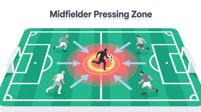 Top-down tactical view of football pitch showing player positions and pressing patterns