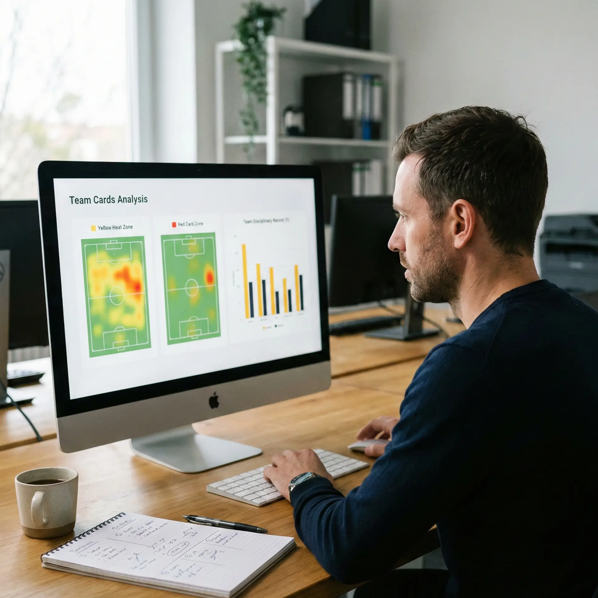 Football analyst reviewing team statistics on screen