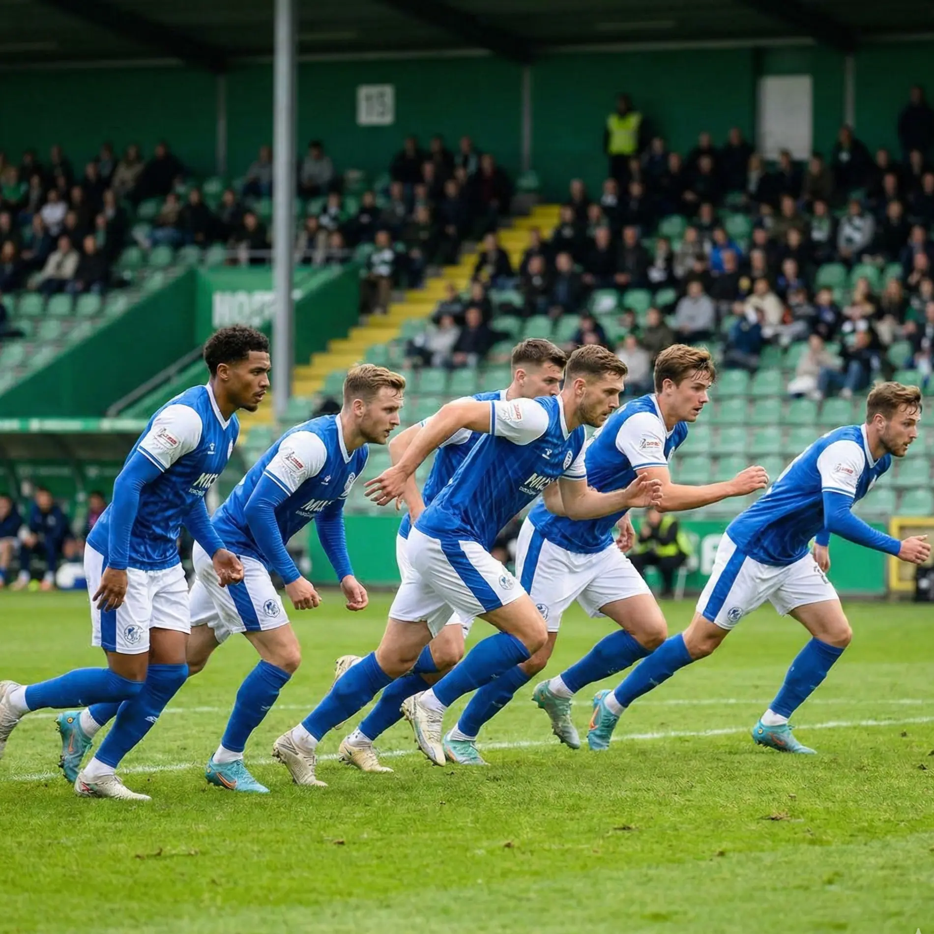 Football players in tactical pressing formation on pitch