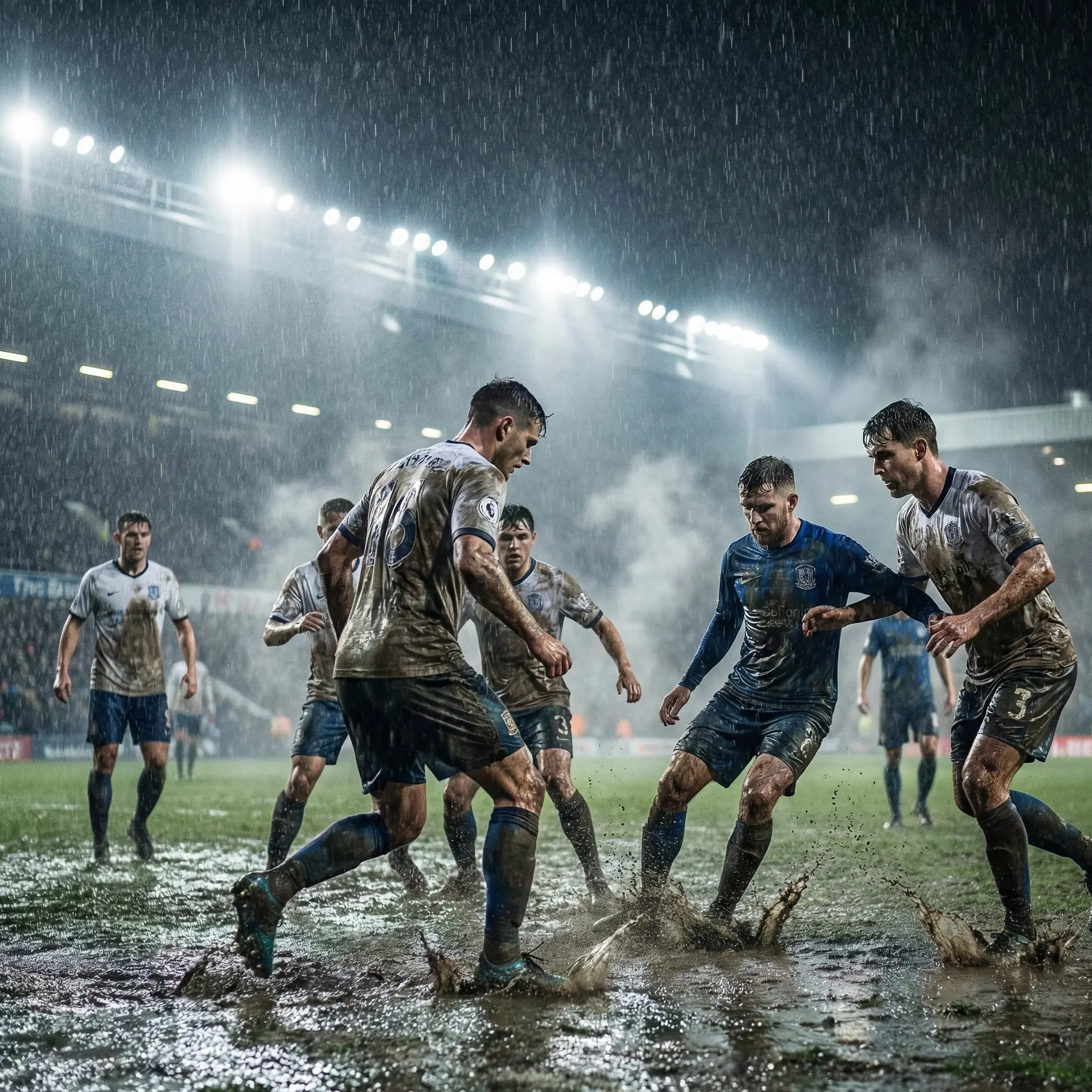 Football match being played in rainy conditions on wet pitch