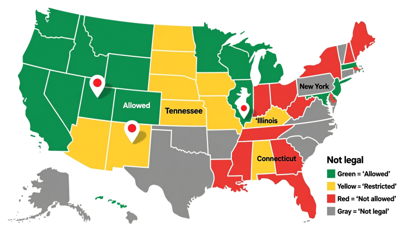 United States map showing state-by-state credit card betting regulations with color-coded restrictions
