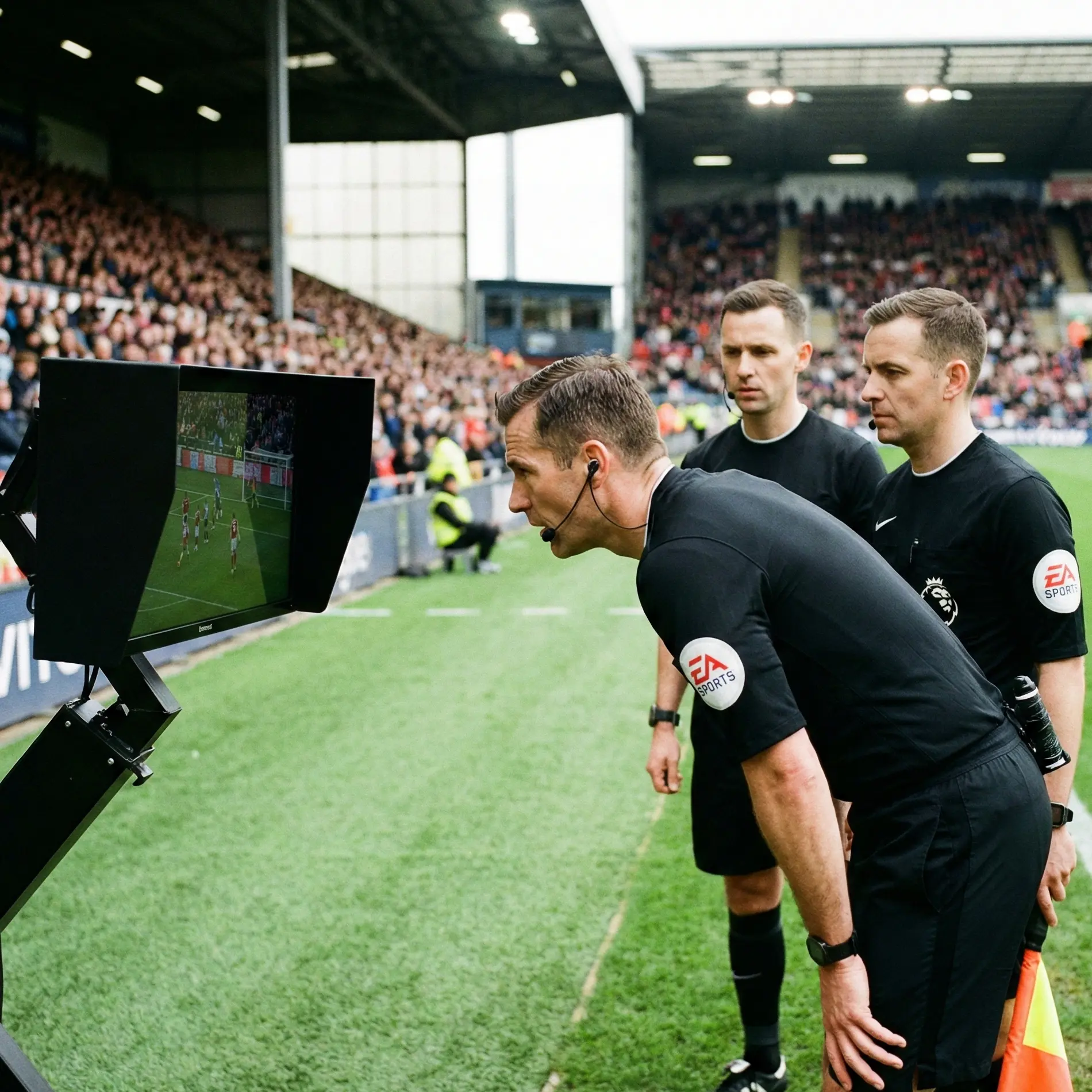 Match officials reviewing footage on VAR monitor at pitchside