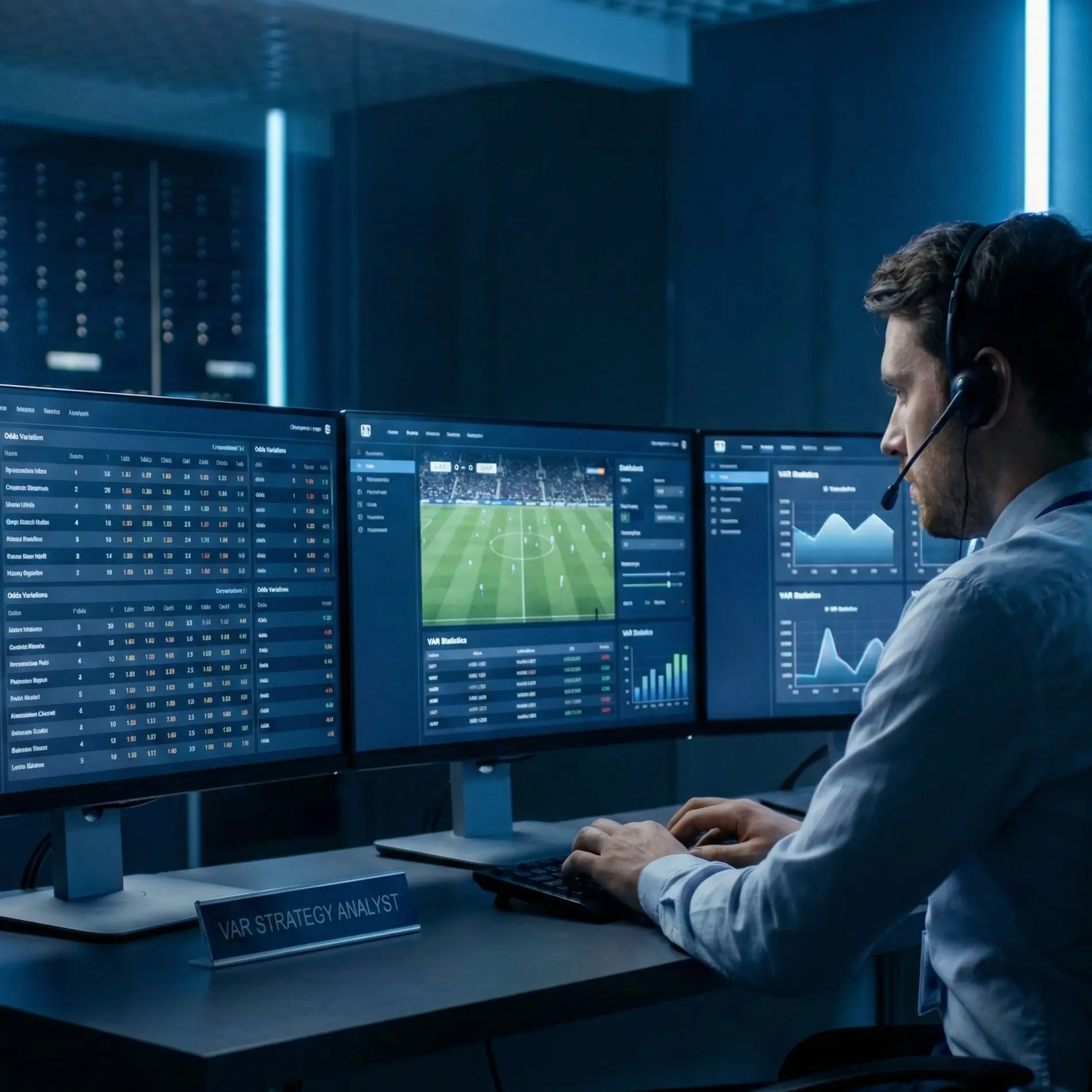 Sports analyst studying match data with multiple screens