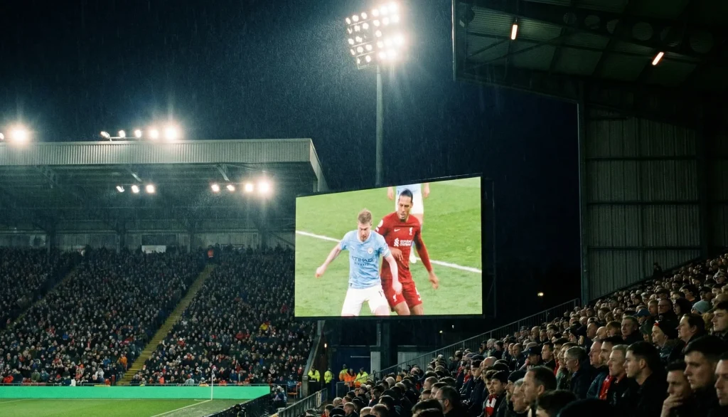 VAR review screen at football stadium showing replay analysis