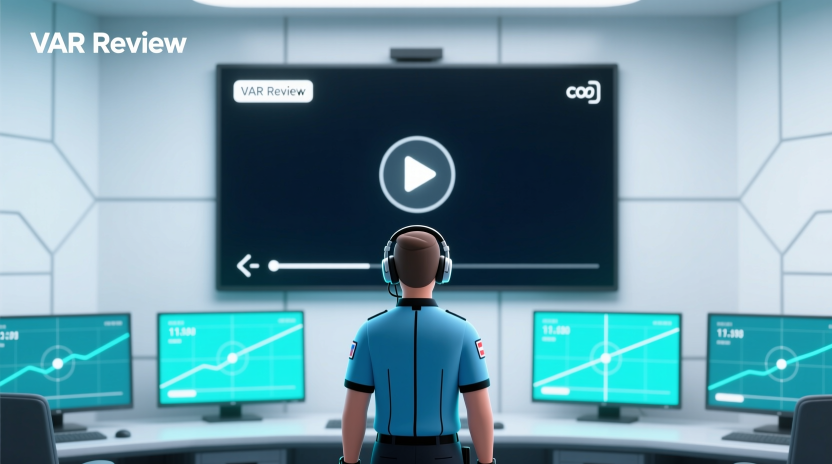 VAR video assistant referee technology system reviewing red card decisions with multiple monitors