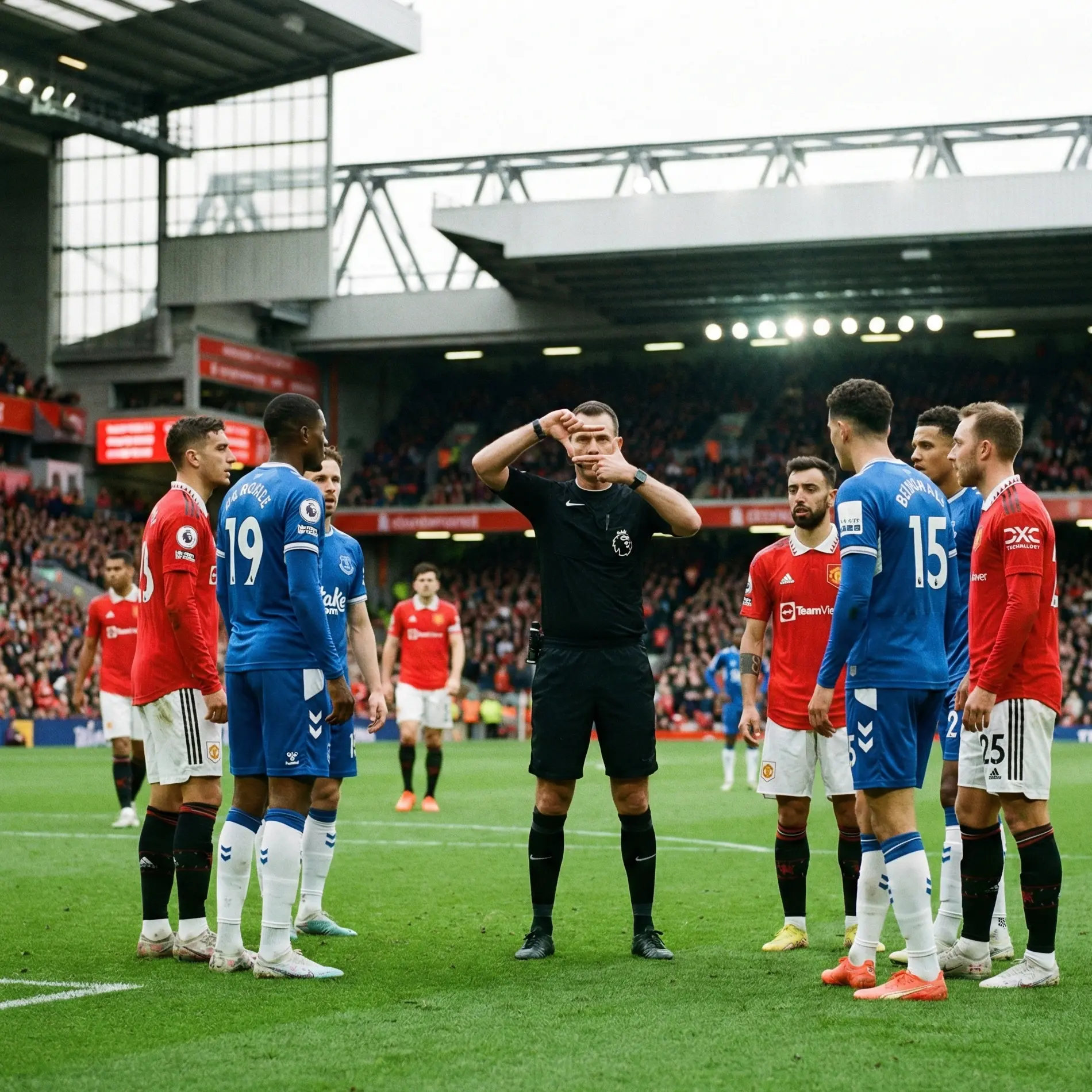Referee making VAR screen signal with hands during match