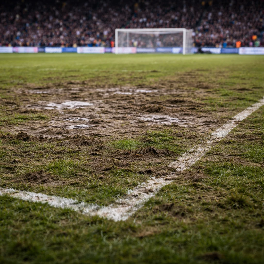 Football pitch showing various weather condition effects