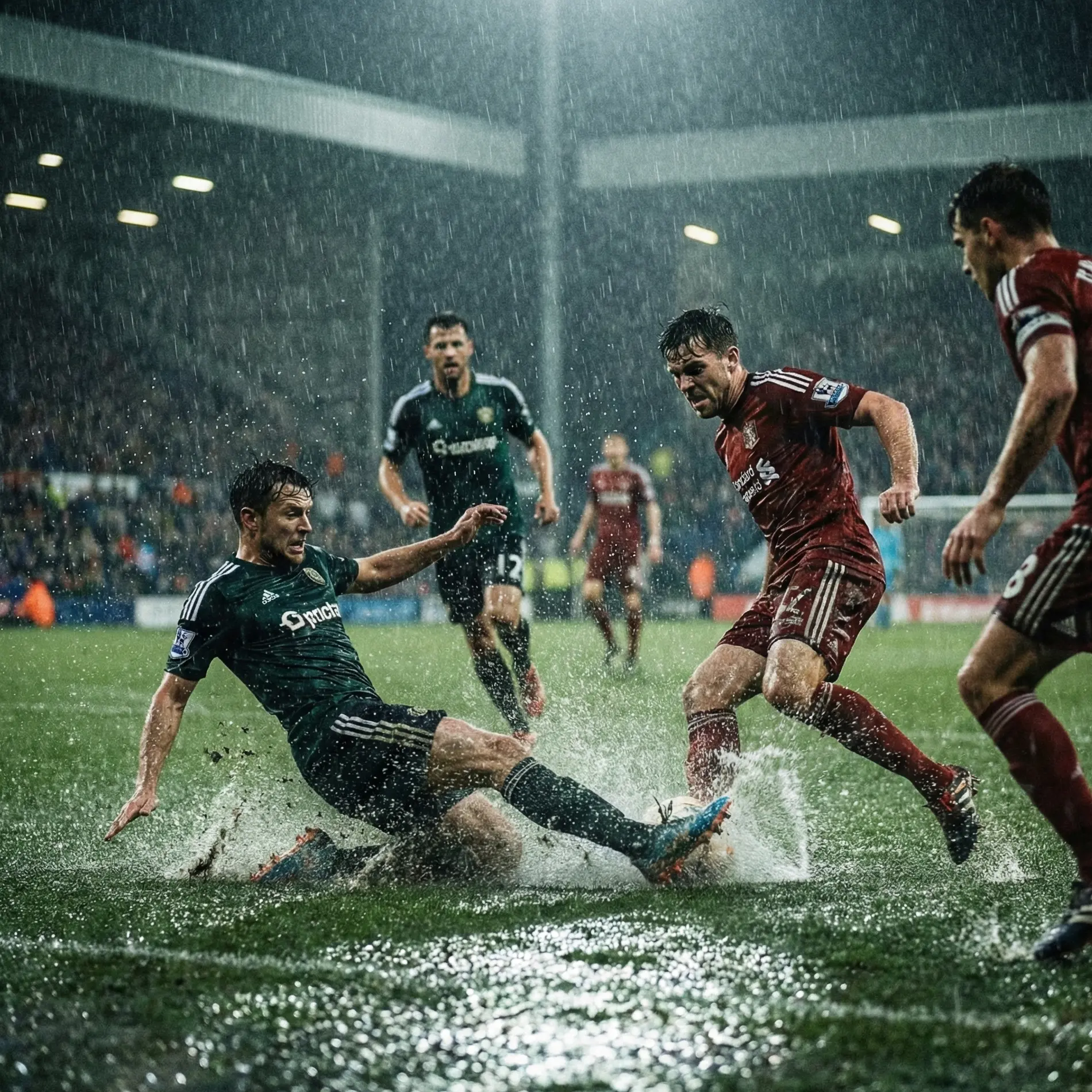 Football match in heavy rain with wet pitch